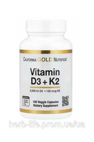 Вітамін д3 5000 к2 120 мкг California Gold Nutrition вітаміни d3 та k2 у вигляді мк 7 підтримка кісток та суглобів для опорно рухового апарату від остеопорозу 180 капсул CGN-02333 фото