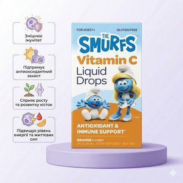 Vitamin C, The Smurfs, рідкі краплі з вітаміном C для дітей від 1 року, 60 мл SMF-36621 фото
