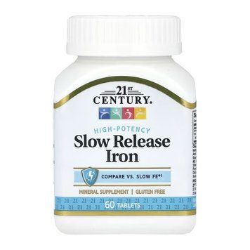 Iron Slow Release 21st Century, високоефективне залізо з повільним вивільненням, 45 мг, 60 таблеток 100-71-1150045-20 фото