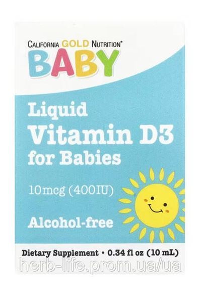 Дитячий вітамін д3 для дітей California Gold Nutrition вітамін d3 vitamin D для кісток та зубів допомога у засвоєнні кальцію вітаміни від втоми та апатії сонячний вітамін 400 МО 10 мл CGN-01038 фото