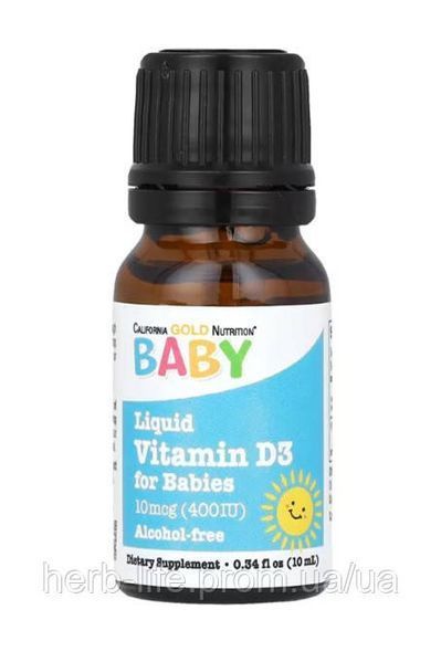 Дитячий вітамін д3 для дітей California Gold Nutrition вітамін d3 vitamin D для кісток та зубів допомога у засвоєнні кальцію вітаміни від втоми та апатії сонячний вітамін 400 МО 10 мл CGN-01038 фото