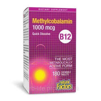 Natural Factors, B12, метилкобаламин, 1000 мкг, 180 жевательных таблеток 2023-10-3807 фото