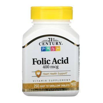 Folic Acid 21st Century, Фолиевая кислота, 400 мкг, 250 легко проглатываемых таблеток 100-33-7347772-20 фото