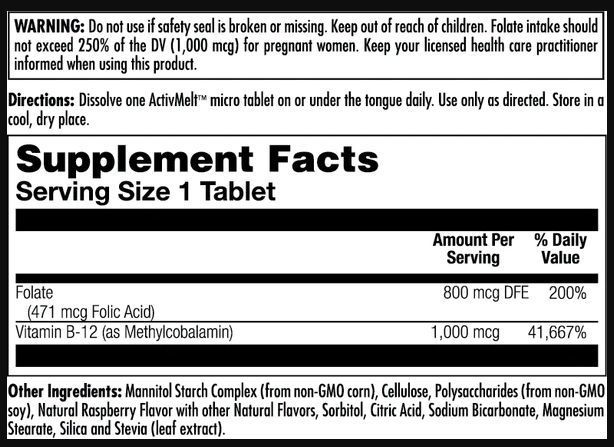 Folic Acid Methyl B-12, KAL Фолієва кислота та Вітамін В-12, 800mcg, 60 таблеток 2022-10-1005 фото
