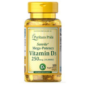 Vitamin D3, Puritan's Pride, витамин Д3, 10000 МЕ &ndash; 100 капсул 100-46-3018922-20 фото