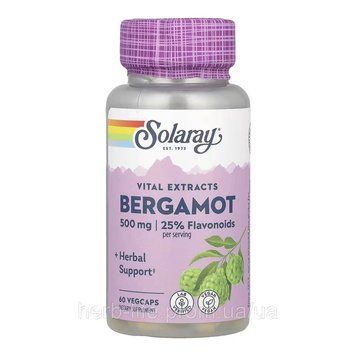 Bergamot Advanced Formula Solaray, Vital Extracts, бергамот, 60 веганських капсул 2023-10-6963 фото