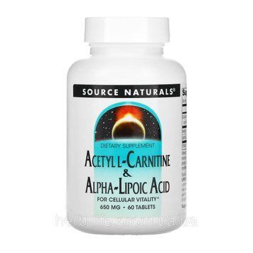 Acetyll-Carnitine & Alpha-Lipoic Acid, Source Naturals, aцетил L-карнітин і альфа-ліпоєва кислота, 650 мг, 60 таблеток 2023-10-3581 фото