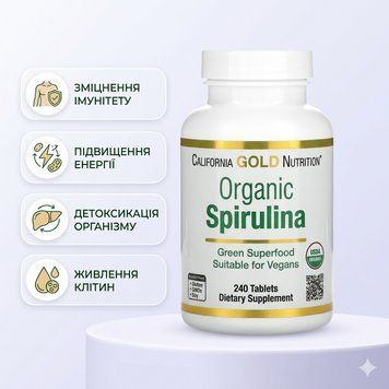 Organic Spirulina, California Gold Nutrition, органічна спіруліна, 240&nbsp;таблеток (500&nbsp;мг у таблетці) CGN-01362 фото