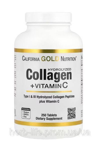 Пептиди колагену 1 та 3 типу California Gold Nutrition collagen каліфорнія голд колаген гідролізований з вітаміном с колаген для суглобів та зв'язок при болях у суглобах колаген для зміцнення волосся та нігтів 250 таблеток CGN-01178 фото