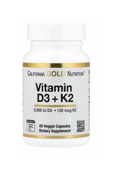Vitamin D3+K2, California Gold Nutrition, витамины D3 и K2 в виде МК-7, 60 растительных капсул CGN-02332 фото