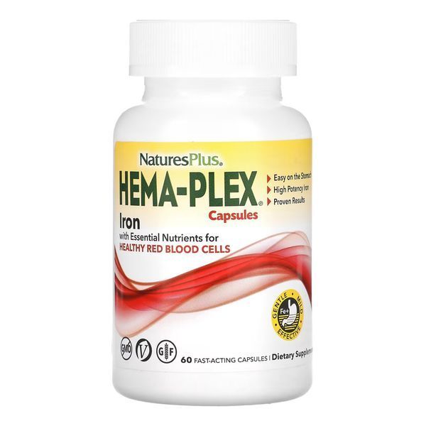 Iron, NaturesPlus, Hema-Plex, комплекс заліза 60 швидкодіючих капсул 2022-10-2842 фото