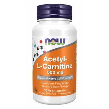 Acetyl-L-Carnitine, NOW Foods, ацетил-L-карнітин, 500 мг, 50 капсул 100-58-5578635-20 фото