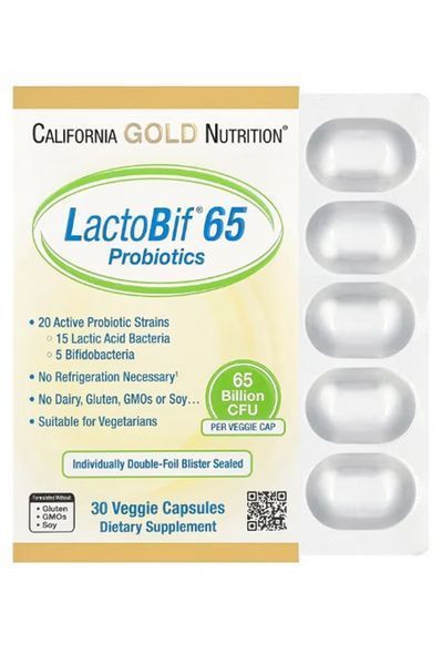 LactoBif&reg; 65 Probiotics, California Gold Nutrition, пробіотики, 65 млрд КУО, 30 вегетаріанських капсул CGN-01904 фото