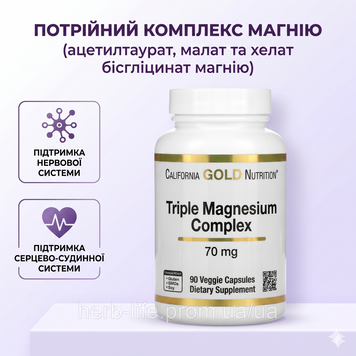 Тройной комплекс магния California Gold Nutrition трипл магний 70 мг калифорния голд магнезиум комплекс магния малат бисглицинат таурат витамины от судорог в мышцах и ногах бады для нервной системы и сна 90 капсул SPN-02486 фото