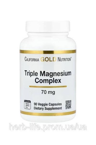Потрійний комплекс магнію California Gold Nutrition тріпл магній 70 мг каліфорнія голд магнезіум комплекс магнія малат бісгліцинат таурат вітаміни від судом у м'язах та ногах бади для нервової системи та сну 90 капсул SPN-02486 фото
