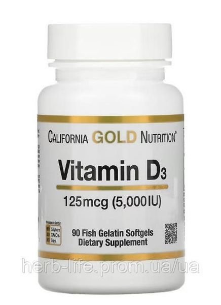 Вітамін д3 California Gold Nutrition каліфорнія голд холекальциферол вітамін d3 для кісток та зубів допомога в засвоєнні кальцію вітаміни від втоми та апатії сонячний вітамін 5000 МО 90 капсул з риб&rsquo;ячого желатину CGN-01065 фото