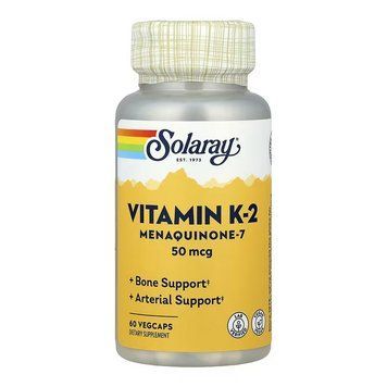 Vitamin K-2 MK-7 Solaray, Вітамін К-2 Менахінон-7, 50 мкг, 60 капсул VegCaps 2023-10-7411 фото
